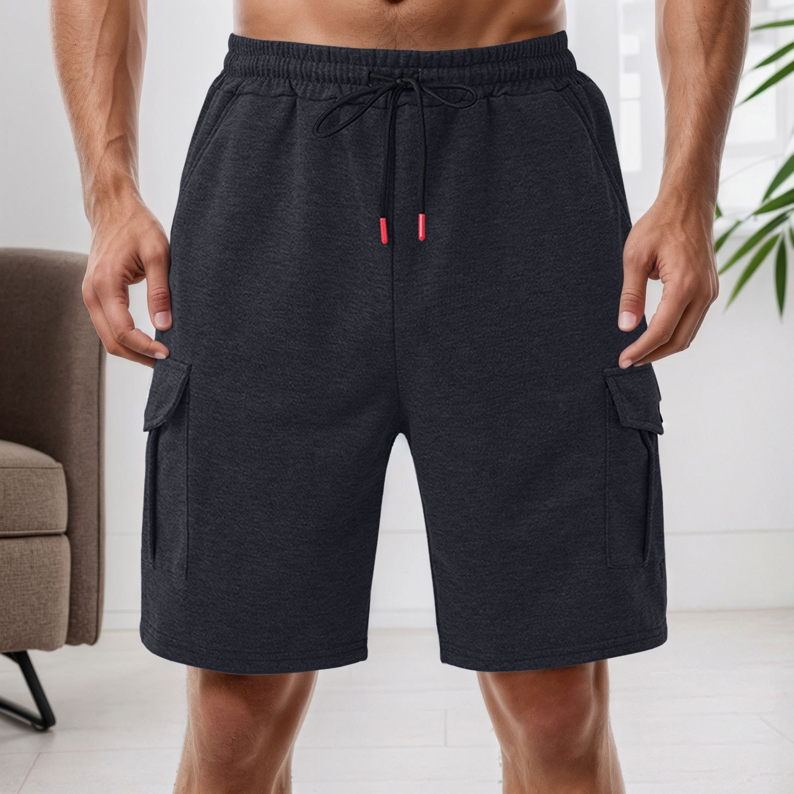 thumbnail image 2 of Pantalones cortos informales para hombre hasta la rodilla - Diseño con bolsillos de poliéster - Primavera/otoño/invierno - Color liso, S-XXXL, 2 of 8